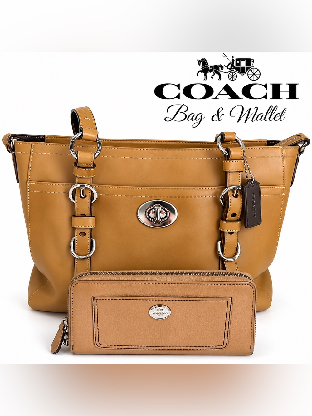 COACH Tan Leather Turnlock Tote with Matching Wallet